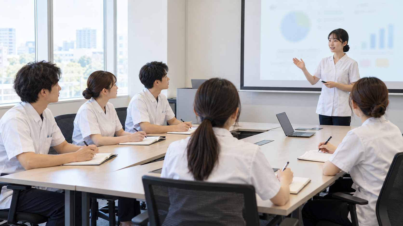 会議室で講義を受ける研修のイメージ