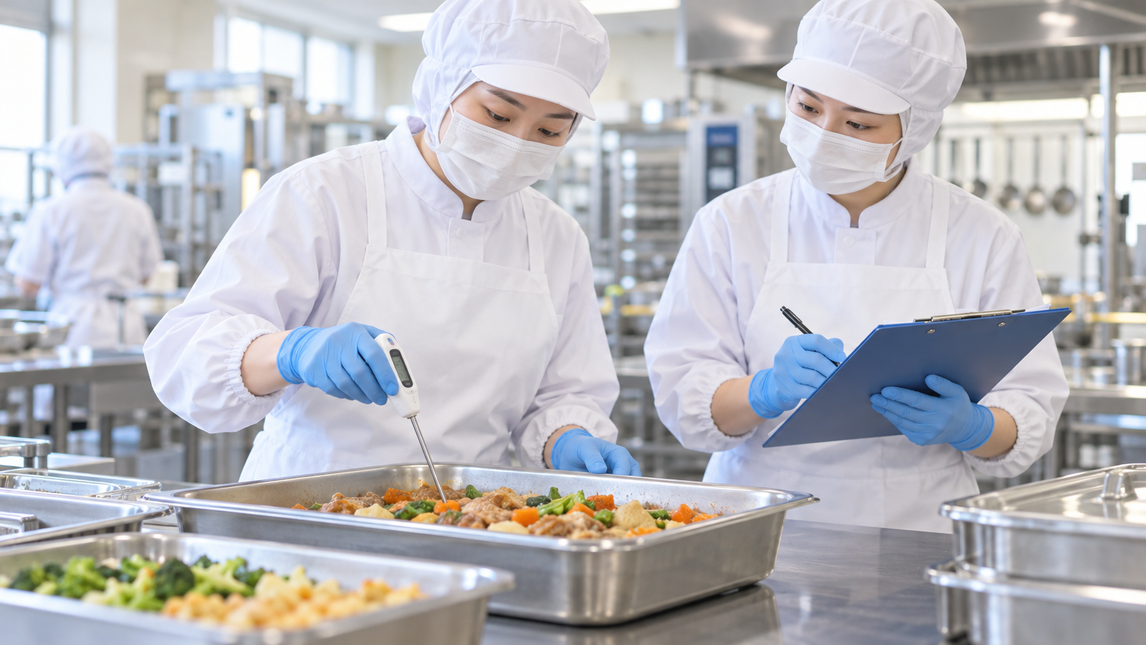 厨房で料理の温度を確認して記録するイメージ