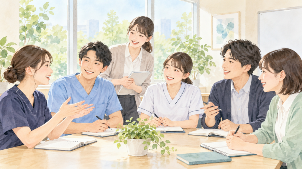 多職種の仲間が机を囲んで学ぶ新人研修のイメージ（AI生成イラスト）