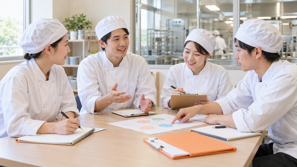 白い調理服と帽子を着用した厨房スタッフが意見を交わしながら学ぶ研修のイメージ